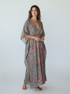 Mumey NWT silky long deep V beach cover up dress kaftan elastic waist  medium